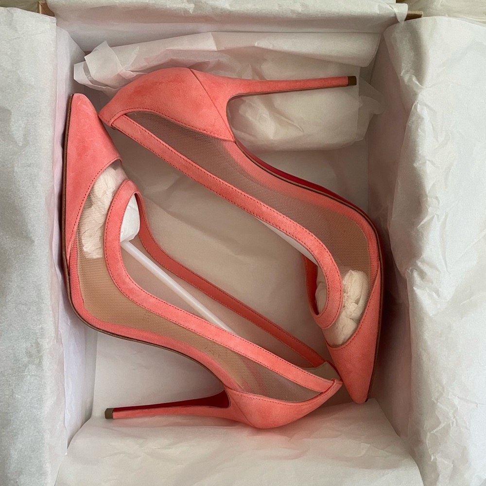 Christian loub galativi suede trimmed mesh pump